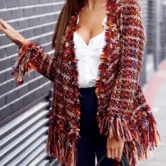 Zara Jackets & Blazers - Zara Red Tribal Fringe Duster Sweater Blazer